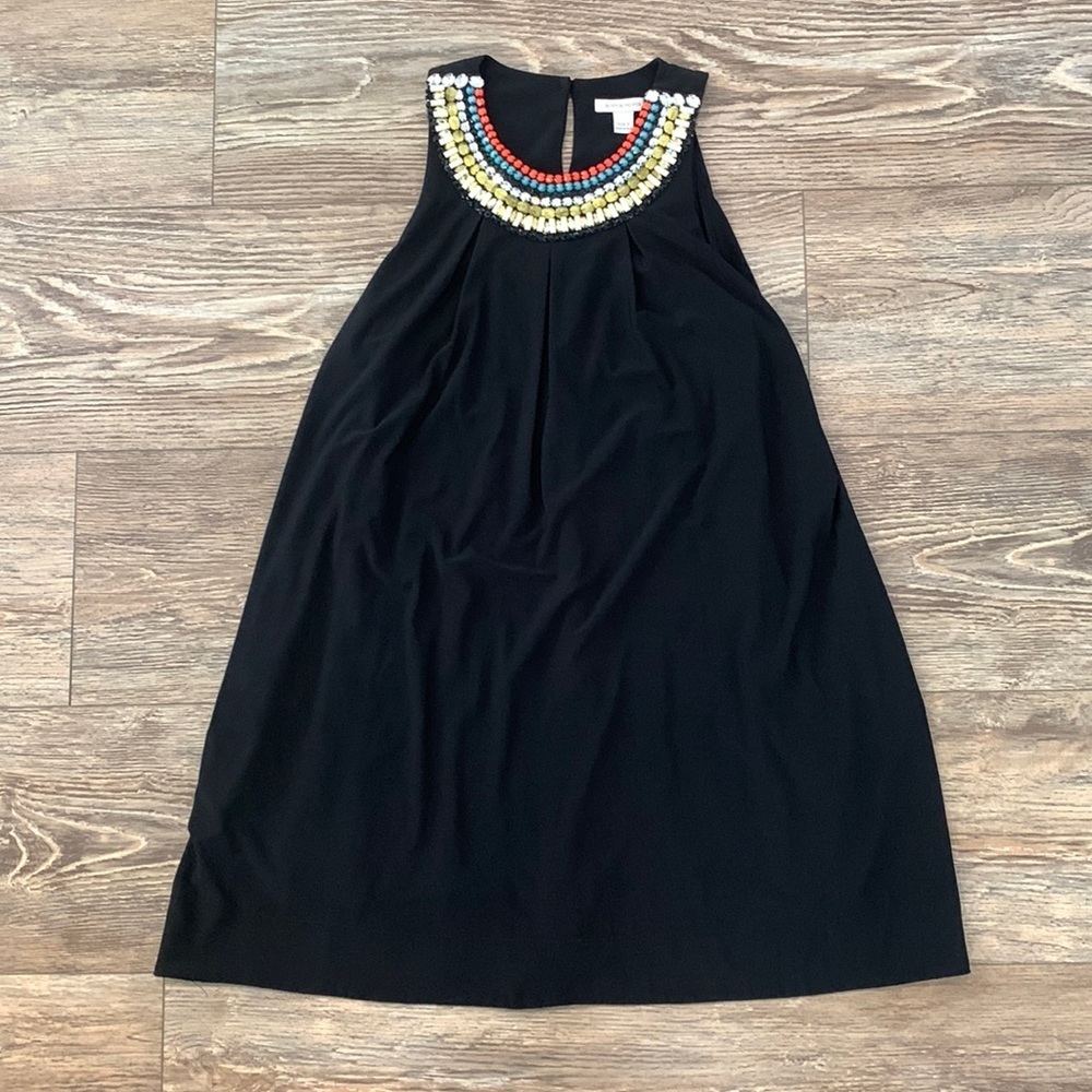 Boston Proper Womens Small Black A Line Dress Red Turquoise Yellow Beaded Collar